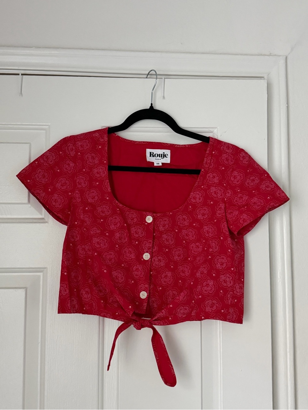 Rouje Red Floral Crop Top with Tie-Front size 36